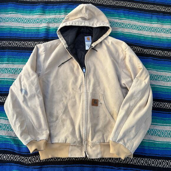 Men's Vintage Carhartt Faded Tan Quilted Hooded Active Canvas Work Jacket Sz XL - Picture 1 of 9